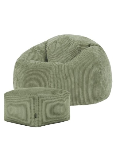Pouf avec repose-pied carré velours côtelé vert sauge