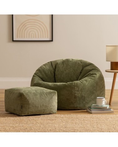 Pouf avec repose-pied carré velours côtelé vert sauge
