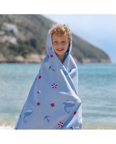Serviette plage enfant avec capuche microfibre bleu