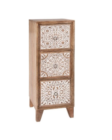 Meuble de rangement 3 tiroirs en manguier à motifs gravés blancs