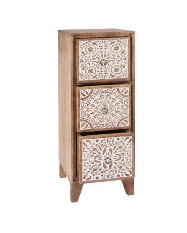 Meuble de rangement 3 tiroirs en manguier à motifs gravés blancs