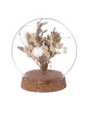 Globe lumineux en verre, fleurs séchées sur support en liège