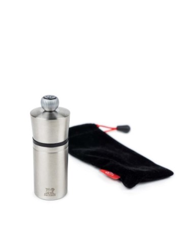 Moulin à poivre de poche en inox et sa pochette H10cm