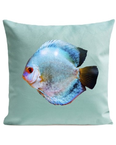 Coussin velours carré imprimé poissons vert d'eau 40x40