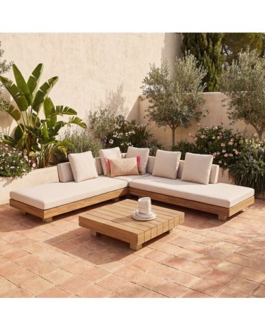 Salon de jardin 6 places en bois d'acacia massif, aluminium et toile recyclée coloris sable