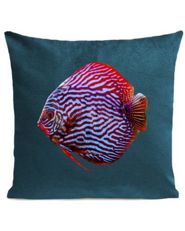 Coussin velours carré imprimé poissons bleu canard 40x40