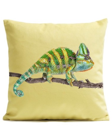 Coussin velours carré imprimé animaux jaune pastel 40x40