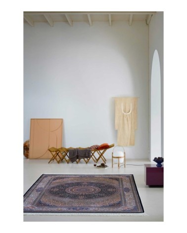 Tapis tissé fin soyeux vintage bleu de très grande qualité 290x200