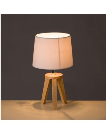 Lampe à poser trépied bois et abat-jour blanc H33,5cm