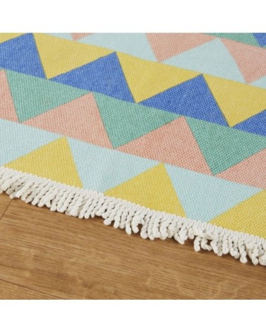 Tapis coloré imprimé triangle bleu, vert, jaune à franges 60x120