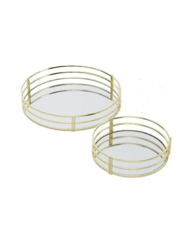 Set de 2 plateaux ronds en métal doré et miroirs