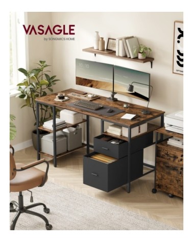 Bureau d’ordinateur 3 étagères 2 tiroirs marron rustique et noir
