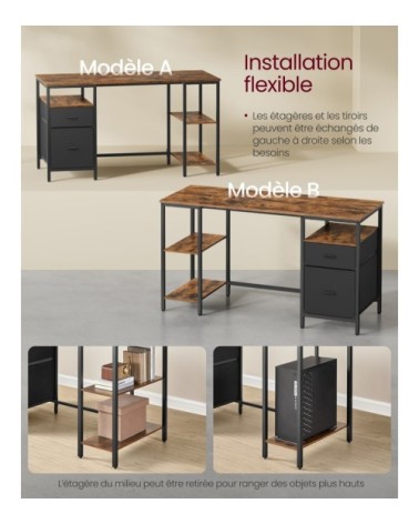 Bureau d’ordinateur 3 étagères 2 tiroirs marron rustique et noir