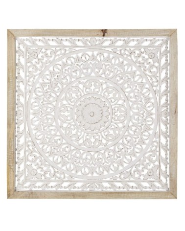 Déco murale en manguier motif mandala sculpté blanc 110x110