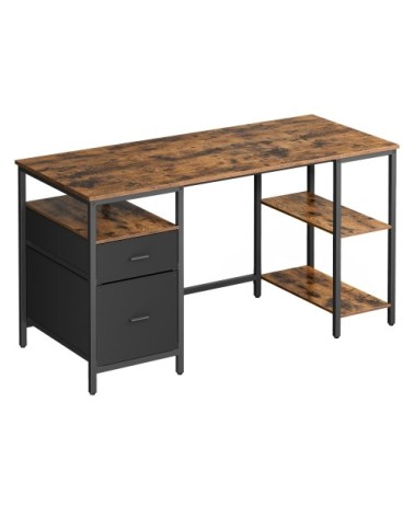 Bureau d’ordinateur 3 étagères 2 tiroirs marron rustique et noir