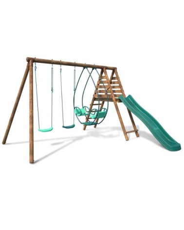 Balançoire en bois traité 3 agrès et toboggan