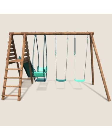 Balançoire en bois traité 3 agrès et toboggan