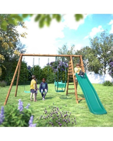 Balançoire en bois traité 3 agrès et toboggan