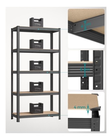 Étagère de rangement à 5 niveaux charge 875 kg 40 x 90 x 180 cm gris