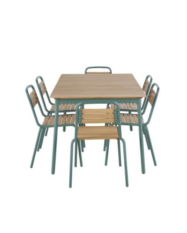 Ensemble table et chaises en aluminium bleu canard et bois d'eucalyptus massif de jardin