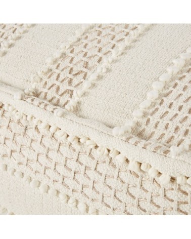 Pouf rectangulaire en coton blanc avec broderies et franges