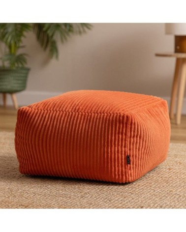Pouf repose-pieds carré velours côtelé orange terracotta