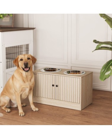 Gamelles pour chiens panneau de particules, acier inoxydable chêne