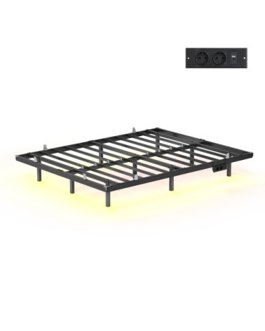 Lit flottant 140 x 190 cm avec led ports usb et prises ca noir