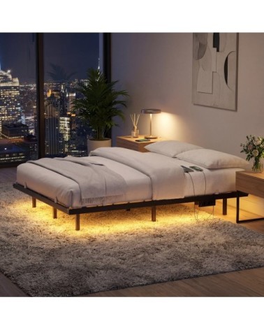 Lit flottant 140 x 190 cm avec led ports usb et prises ca noir