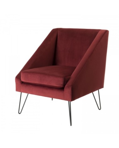 Fauteuil tissu velours bordeaux pieds épingles métal