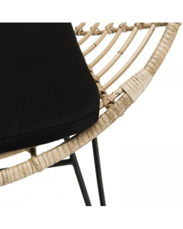 Fauteuil en rotin naturel coussin noir pieds métal