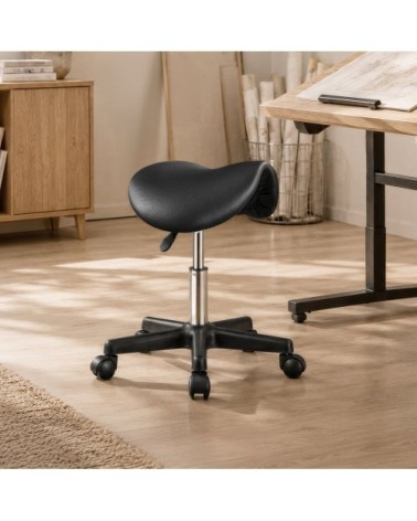 Tabouret à roulettes en pu selle réglable pivotant 360° noir