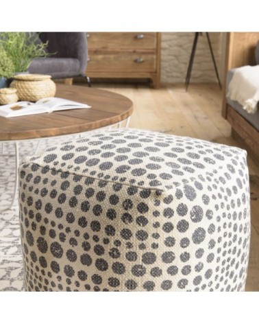 Pouf carré tissu coton imprimé pois gris