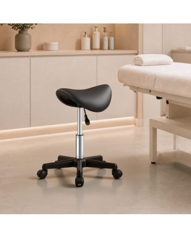 Tabouret à roulettes en pu selle réglable pivotant 360° noir