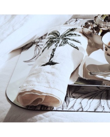 Serviette de table  Lin pur lavé Palm Blanc Vert 45x45
