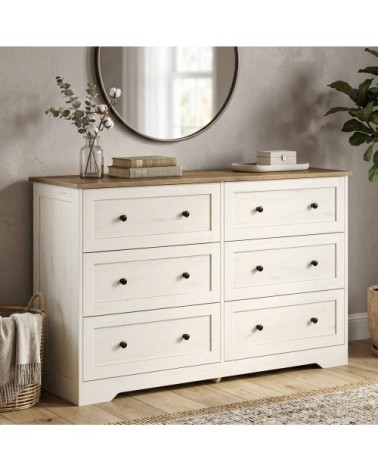 Commode style cottage 6 tiroirs 40 x 120 x 78 cm blanc et marron