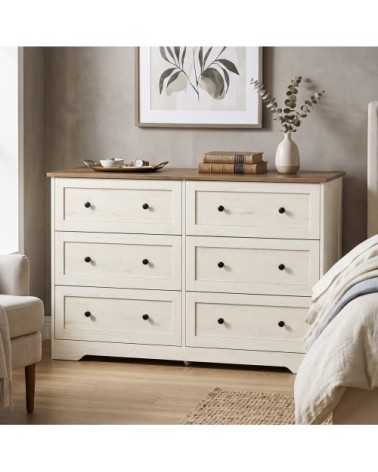 Commode style cottage 6 tiroirs 40 x 120 x 78 cm blanc et marron