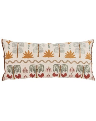 Coussin en coton et lin mélangés à motif imprimé brodé multicolore 70x35