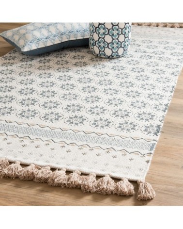 Tapis en coton recyclé blanc motifs bleus 90x150