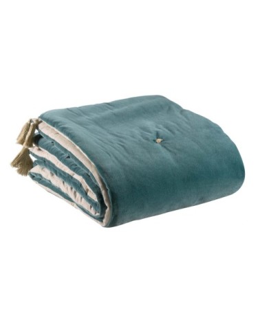 Edredon pompons  en coton vert de gris 80 x 180