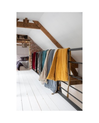 Edredon pompons  en coton vert de gris 80 x 180