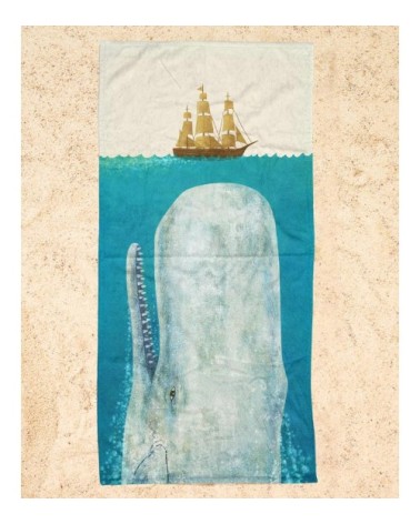 Serviette de plage en éponge-velours en blanc ivoire & bleu 90x180