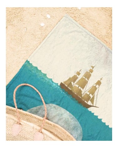 Serviette de plage en éponge-velours en blanc ivoire & bleu 90x180