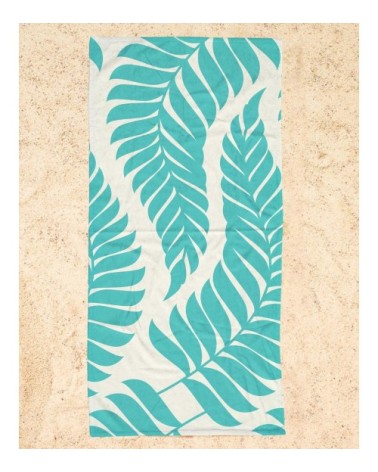 Serviette de plage en éponge-velours en blanc & turquoise 90x180