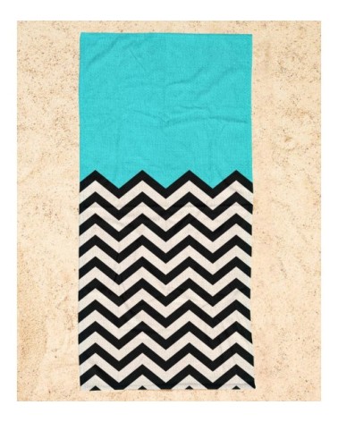 Serviette de plage en éponge-velours en blanc & bleu 90x180