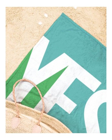 Serviette de plage en éponge-velours en blanc & turquoise 90x180