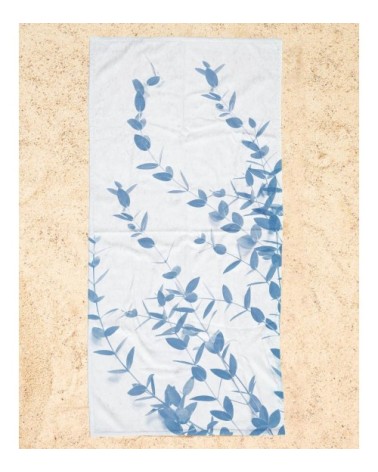 Serviette de plage en éponge-velours en blanc & bleu 90x180