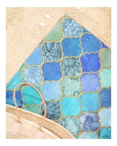 Serviette de plage en éponge-velours en bleu & turquoise 90x180