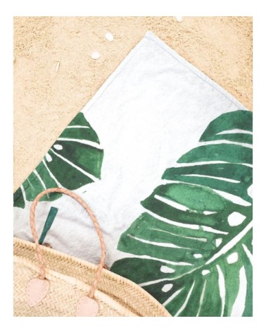 Serviette de plage en éponge-velours en blanc & vert 90x180