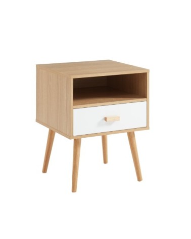 Table de chevet blanc et effet bois et chêne 1 tiroir 40cm
